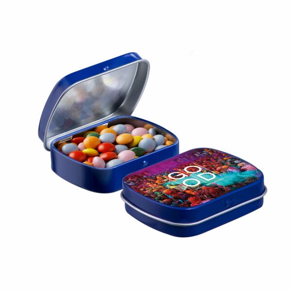 Mini scharnierblikje met snoep Blauw Mini choco Mini scharnierblikje met snoep Blauw Mini choco