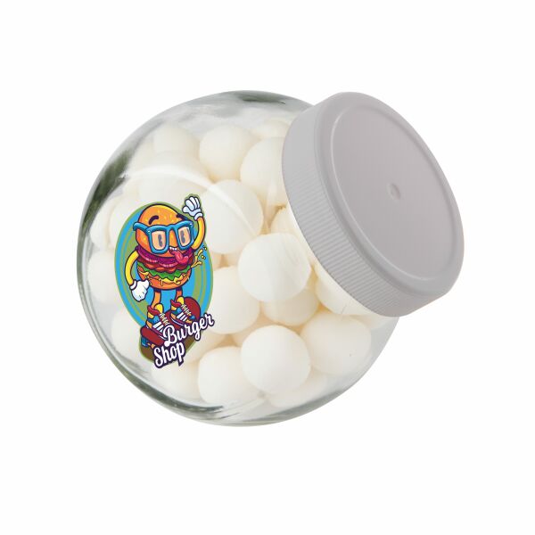 Klein glazen potje 0,4 liter, gevuld met snoep Wit KING pepermunt ballen Klein glazen potje 0,4 liter, gevuld met snoep Wit KING pepermunt ballen