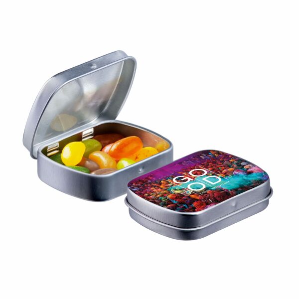 Mini scharnierblikje met snoep Zilver Jelly beans Mini scharnierblikje met snoep Zilver Jelly beans