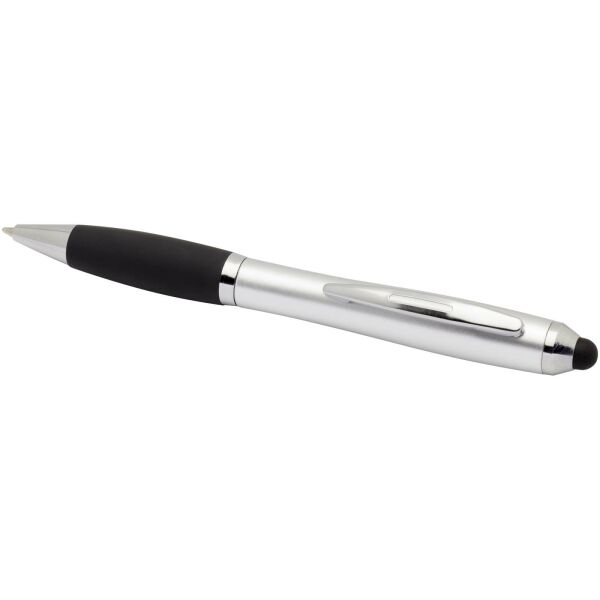 Nash RCS balpen met stylus van gerecycled plastic met gekleurde behuizing en zwarte grip (blauwe inkt) - Zilver Nash RCS balpen met stylus van gerecycled plastic met gekleurde behuizing en zwarte grip (blauwe inkt) - Zilver