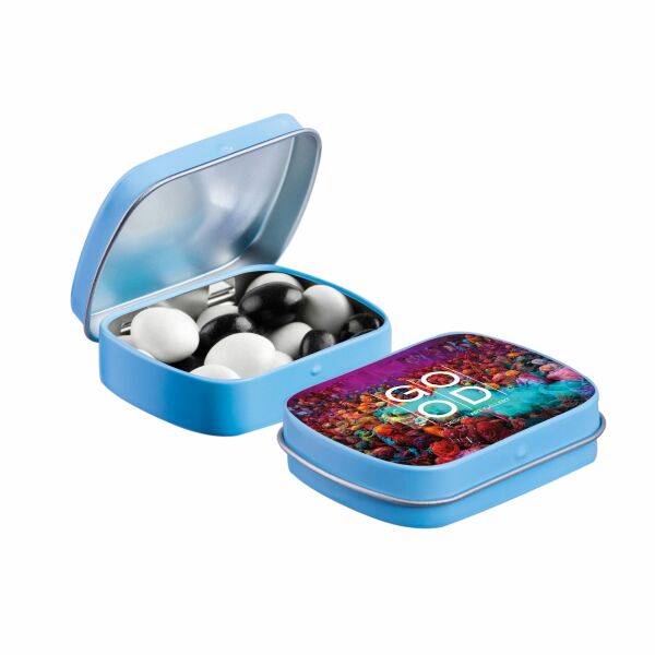 Mini scharnierblikje met snoep Lichtblauw Zwart-wit dragees Mini scharnierblikje met snoep Lichtblauw Zwart-wit dragees