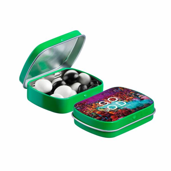 Mini scharnierblikje met snoep Groen Zwart-wit dragees Mini scharnierblikje met snoep Groen Zwart-wit dragees