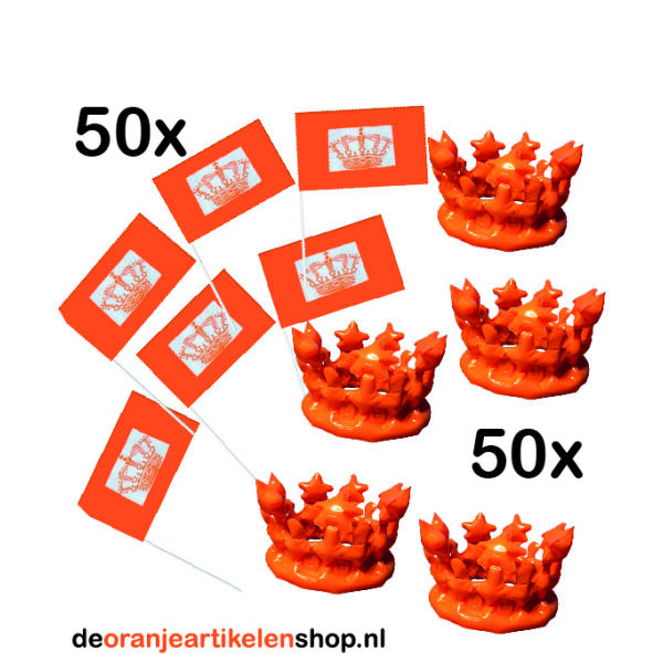 Koningsdag 50x oranje opblaasbare kroon en 50x oranje zwaaivlag kroon (2-delige set)
