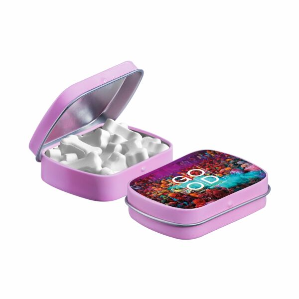 Mini scharnierblikje met vorm pepermunt Roze Botjes druivensuiker mints Mini scharnierblikje met vorm pepermunt Roze Botjes druivensuiker mints