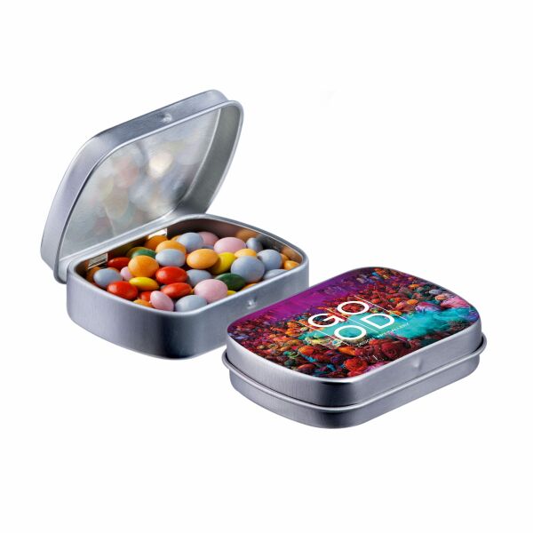 Mini scharnierblikje met snoep Zilver Mini choco Mini scharnierblikje met snoep Zilver Mini choco