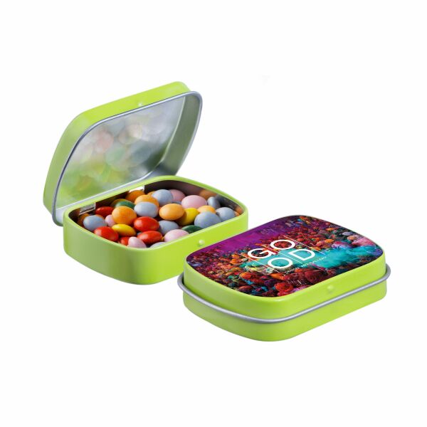 Mini scharnierblikje met snoep Lime Mini choco Mini scharnierblikje met snoep Lime Mini choco