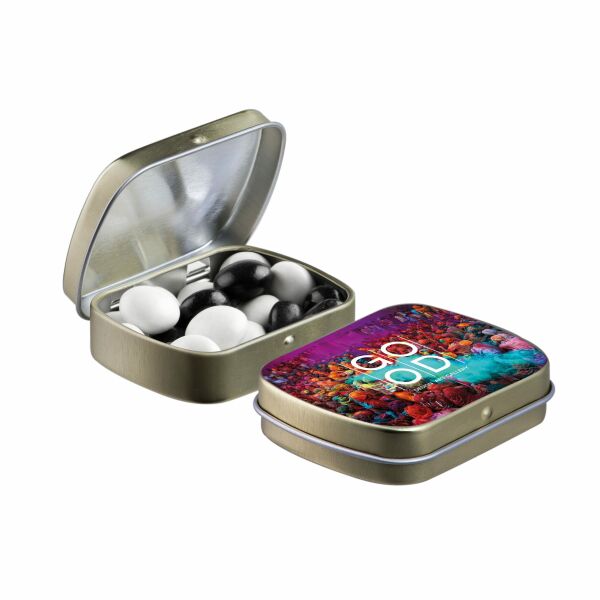 Mini scharnierblikje met snoep Goud Zwart-wit dragees Mini scharnierblikje met snoep Goud Zwart-wit dragees
