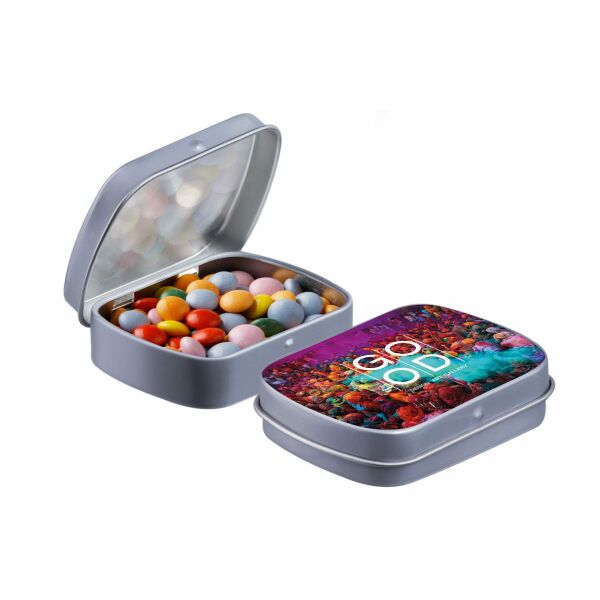 Mini scharnierblikje met snoep Grijs Mini choco Mini scharnierblikje met snoep Grijs Mini choco