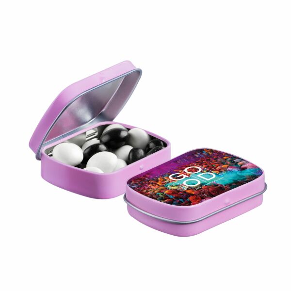 Mini scharnierblikje met snoep Roze Zwart-wit dragees Mini scharnierblikje met snoep Roze Zwart-wit dragees