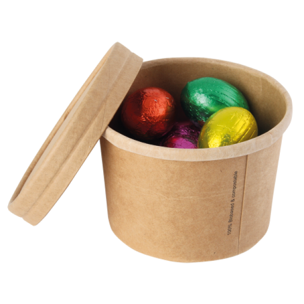 Snoeppot kraft karton met deksel 240 ml, gevuld met ca. 150 gr. DutchDex hartjes met natuurlijke smaak- en kleurstoffen