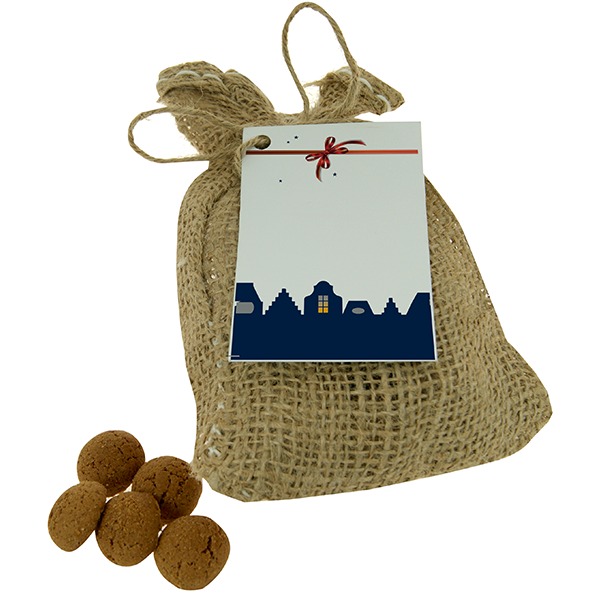 Medium Jute zakje gevuld met 100 gram kruidnoten, strooigoed of Chocolade munten Medium Jute zakje gevuld met 100 gram kruidnoten, strooigoed of Chocolade munten