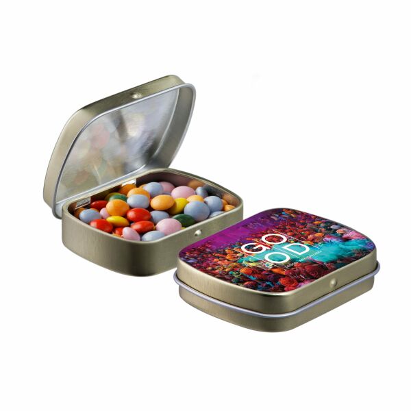 Mini scharnierblikje met snoep Goud Mini choco Mini scharnierblikje met snoep Goud Mini choco