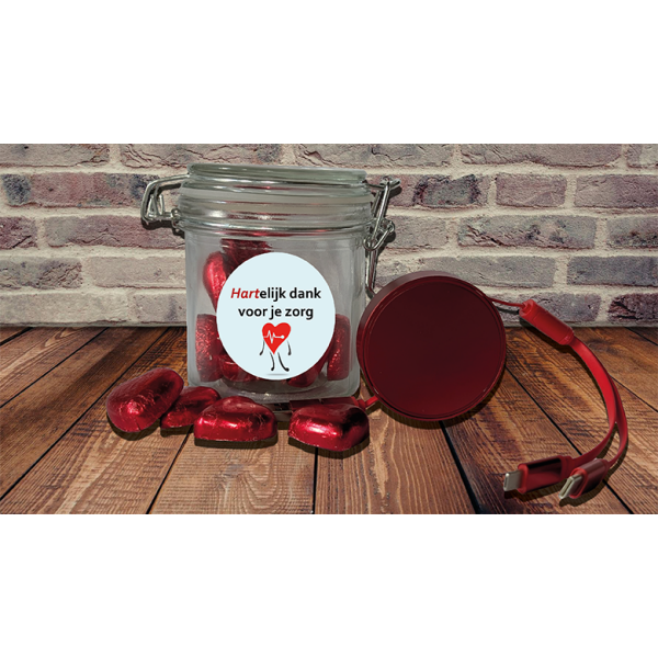 Zorgcadeau Weckpot met oplaadkabel en hartjes Zorgcadeau Weckpot met oplaadkabel en hartjes