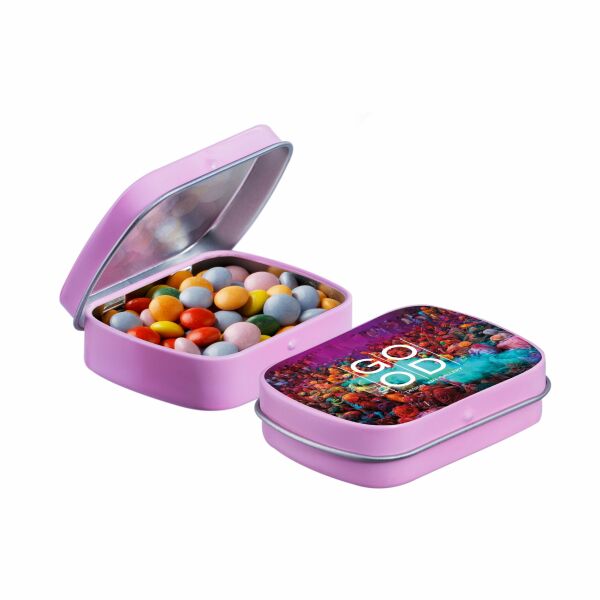 Mini scharnierblikje met snoep Roze Mini choco Mini scharnierblikje met snoep Roze Mini choco