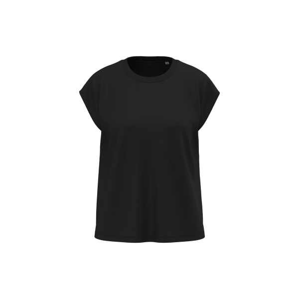 Dames-T-shirt van verantwoorde materialen zonder mouwen met schoudervullingen Dames-T-shirt van verantwoorde materialen zonder mouwen met schoudervullingen