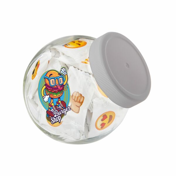 Klein glazen potje 0,4 liter, gevuld met snoep Wit Emoji fruit Klein glazen potje 0,4 liter, gevuld met snoep Wit Emoji fruit