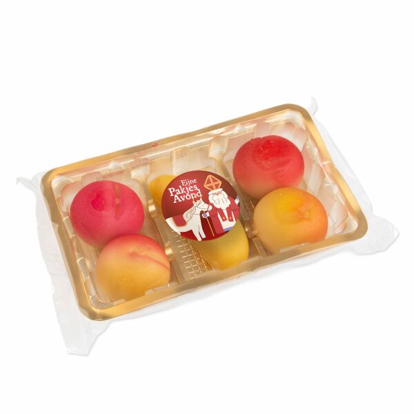 Kleurrijk marsepeinfruit 125 g in bedrukt schaaltje